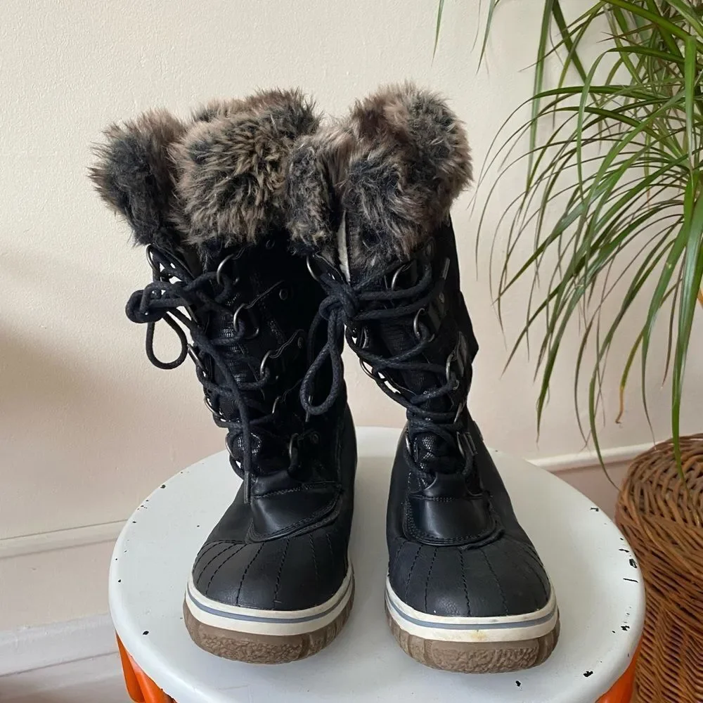 Women's Black Winter Boots with Faux Fur Trim Size 7